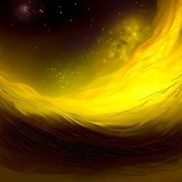 dark yellow sky, golden mist, flowing fabric, starry night