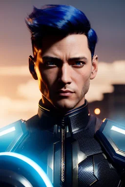 Male Cyborg anime warrior, dark blue hair, ponytail, blue eyes, waist up portrait, 8k resolution, intricate details, ornate details, soft lighting, vibrant colors, retroanime, masterpiece, intricate eyeliner, dark eyeshadow, eyes, futuristic cityscape background