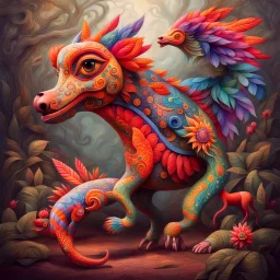Whimsical Alebrijes creatures, surreal, take elements from different animals, from the artist's imagination, create a magical being. animal-like creatures. roam through their towns, hills, and forests in another dimension. spirits guide, accompany, and protect us. These animal-like creatures a Modifiers: highly detailed fantasy bright studio setting cinematic lighting anthropomorphic dynamic lighting colourful cinematic postprocessing acrylic art pixel art quilling Jean-Baptiste Monge Tim Burton