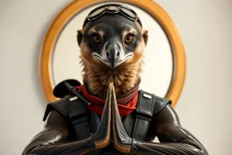 full body portrait of humanoid weasel shiny yoga commando crow air captain racer semi transparent hypnotic kind eyes in front of mirror