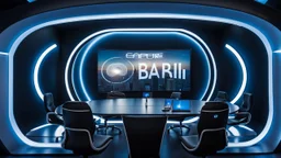 photo from a black producer chair siluette in a futuristic cybertech studio, around many monitors and circle windows to the sky, the inscription capture word text on the back of the chair "Barbi", Professional photography, bokeh, natural and blue-white lighting, perfect shot, sharp focus, professional photo