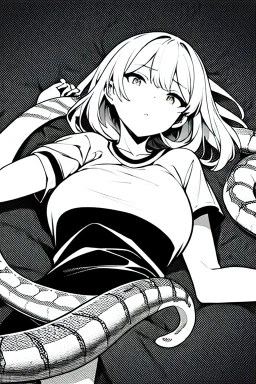 girl in T-shirt lying on the ground and covered with snakes, greyscale