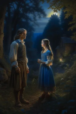 A prince and a village girl secretly meet by the moonlight in an oil painting forest Photorealistic