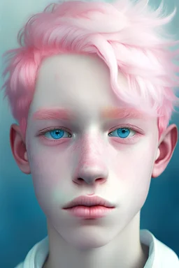 A boy with pink hair, blue eyes, and white skin with a slight blush on the cheek