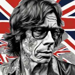 Double exposure high quality ((Replica of the "Tattoo You" Rolling Stones album cover art)) (Black ink Illustration head and shoulders b/w portrait of a 35 year-old Mick_Jagger with slick styled-back hair, three quarters angle, detailed precise maori tattoo all over his face), ((union jack matte background sky)) precise rendering, architectural drafting Modifiers: naive art whimsical