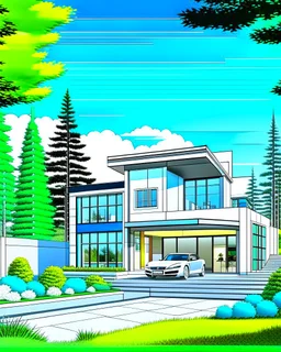 Architectural drawing of a luxurious modern two-story country house, trees, people and cars, complementary colors