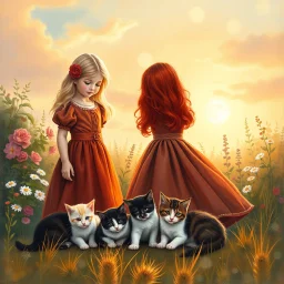 An elegant vertical painting suitable for a children's book cover or poster. Two young girls — one blonde, one redhead — in richly colored vintage dresses stand in a garden glowing with sunset light. Around them, three kittens rest peacefully: black, white, and ginger. The background shows softly glowing sky, flowers, and golden grass. The top third of the image is softly faded with light bokeh, creating space for a Hebrew or English title. The texture includes brush strokes, light craquelure, a