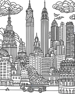 New york city, coloring page, full body (((((white background))))), only use an outline., real style, line art, white color, clean line art, white background, Sketch style.