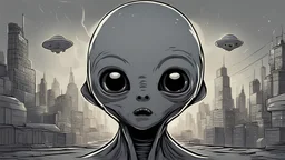 Very creepy grey aliens, large head, tiny eyes, emerging from their space ship in a large city