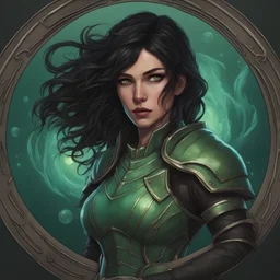 dungeons & dragons; digital art; portrait; female; warlock; black hair; sea green eyes; the fathomless; ocean; deep sea; soft light; soft; young; leather armor; circle halo background; soft details