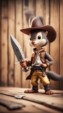 wanted poster on wooden wall depicting a handsome cute cowboy Lucky Luke squirrel ninja with large butterfly knife,bokeh like f/0.8, tilt-shift lens 8k, high detail, smooth render, down-light, unreal engine, prize winning