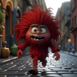 hyperrealistic red crazy sharp hair cute funny little monster photography dashing through an old town 8k, ultra high quality, insanely detailed, --ar 3:2