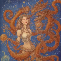 A smiling witch with a beautiful face and full and detailed details performing magic of water, fire, wind and earth with a wooden and crystal wand shining in various colors with a background of large and beautiful dragons flying in an azure sky with A background of a large snake with many heads, in full detail, Ismailoglu, Van Gogh, post-apocalyptic, fantasy, imaginary, 8k, 16k,