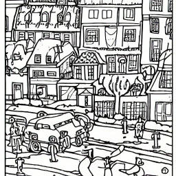 coloring page for adults, village scene