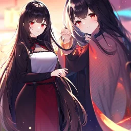 Clear focus, high resolution, black long fluffy hair, red eyes, wearing a cute outfit, kawaii