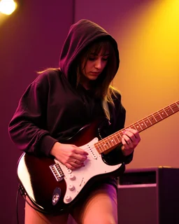 attractive woman(wearing a dark hoodie of light material) playing an electric guitar at vertical angle