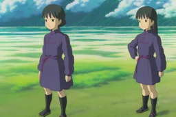 Yui: A full body image of Yui standing confidently in her rugged clothing, hands on her hips. Her athletic build, dark hair streaked with blue, and vibrant green eyes are clearly visible. Her look of determination reflects her adventurous spirit.