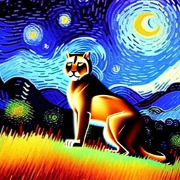 Dibujo al oleo de un puma en el bosque con nubes estilo Vincent van Gogh