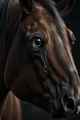 Horse with small overly realistic human eyes, scary