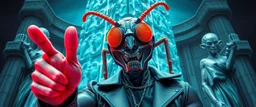 awake in a dream eraser head psychedelic neon coy insect cyberpunk cowboy pointing thumbs up brilliant detailed full figure portrait disco glittery fluffy muscle man anime in the style of Escher and Giger in front of dented marble tower of transparent glass statues