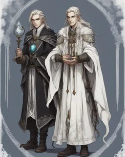 a young High Elf frost Wizard with long wiry hair, wearing a black trimmed white nobleman's robe and frost ornaments on clothes, with a small weasel on his shoulder