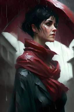 A full shot of a woman with short dark hair, wearing only a scarlet silk scarf, hands at her sides standing in the rain looking forward in the fantasy style