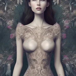 An woman with a beautiful face in a lace night dress, a thin lace dress and a body with designs in the shape of tree leaves on it, anatomical and full body shape with detailed details, the parts of the girl's body can be seen under the dress, a girl with breasts Big, dreamy and artistic painting, full HD 3D painting quality, 4K, 8K