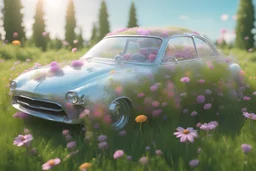 A car in the grass, transparent glass body, 3d render, 4k Flowers in the body.