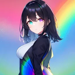 Clear Focus, High resolution, girl wearing a 1980 outfit, rainbow eyes, medium hair length, black hair with a gradient of rainbow