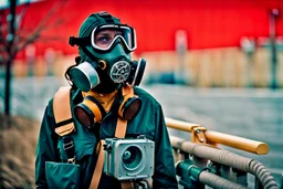 close up documentary photography, Calgary, Respirator, scientist, Dystopian, draught, Hyper detailed, realistic, Extreme depth of field, bokeh blur, Alberta, all-natural, in the style of candid, Captured on lustrous Kodak Vision3 Color Negative Film 500T 5219, 2030