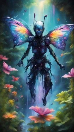 awake in a dream, portrait of masked ninja angel wing butterfly dementor psychedelic interdimensional robot in the garden, watersplash waterfall and diving elves ,lotsa wild weed, in spotlight, magazine cover illustration with spray paint, signed, bokeh like, down-light, unreal engine, prize winning