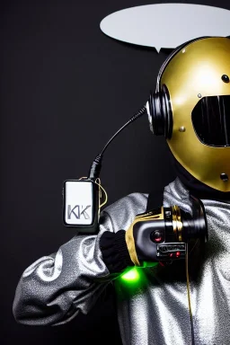 Metallic Cyber-punk style man with a web-camera-mask and old AKG-style headphones with golden. Large fencing mask covers man's cheeks. Man in good body shape. Reflective plastic body surface skin, full-coverage. Body and head full of integrated old-fashioned cameras and an old telephone. Silver to black latex surfaces body. Perfect body. Equations, Euclidean 3D-tiling, Escher tiling. Cables in head. Daft Punk 1996. Matrix black leather jacket with a Hood. Chains.