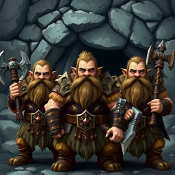 The sturdy Dwarves in front of the cave, with their characteristic proud, stout physiques, wear ornate, battle-worn armor adorned with bold, geometric patterns, and wield mighty axes, hammers, and swords. Their facial features are strong, with prominent beards, bushy eyebrows, and piercing, gemstone-like eyes. We Were Born Ready