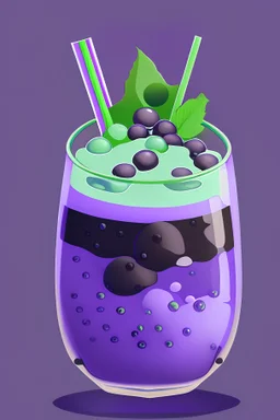 Boba in a milk cartoon shaped glass cup with the drink bring a gradient of purple to green and the boba pearls being black