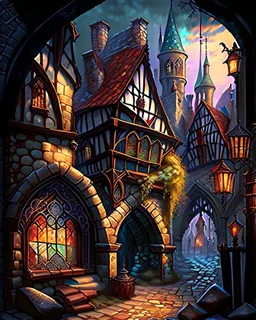 medieval fantasy cobblestone town with stained glass window buildings fairytale rpg art