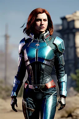 ultrarealistic, ruined city,__mass effect armor__, __angles__, 19 year old woman, strikingly beautiful, ginger hair, silver colour, [__starlets__|__starlets__], (pale __skincolor__ skin:1.2), __camera__, _hair_, detailed face and eyes, medium breasts, leather choker, freckles, dynamic pose, resolved expression, __accessory__, strappy outfit, (straps:1.1), sword in scabard on left hip, (buckles, buttons, snaps, rings:1.0), haltertop style breastplate, detailed eyes, plump lips, sci-fi theme