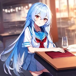 Clear focus, High resolution, long fluffy light blue hair, hair between eyes, long locks, wearing a sailor uniform, wearing a sailor skirt, long black socks, 1girl, cartoon, cute, UNFOTABLE studio, red tie