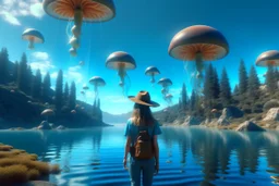 woman standing next to a lake, in an alien forest, flying mushrooms with jellyfish tenacles in a blue sky