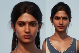 Indian Female character 19 years full anatomy Proportions of the character the head-to-body ratio . Front, Side, and Back Views: Provide multiple views of the character, including front, side, and back mode sheet .stylized animation character 8k Art station.
