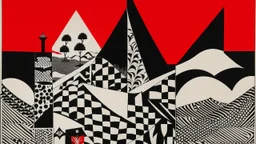 An abstract and geometric illustration by Malevich and Kuniyoshi of a black and white desert landscape with an anarchist red and back flag.