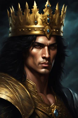 Gothic Gold framed painted portrait of a very handsome and muscular warrior King wearing a small gold crown. His hair is long and dark and he has dark eyes, dak fantasy