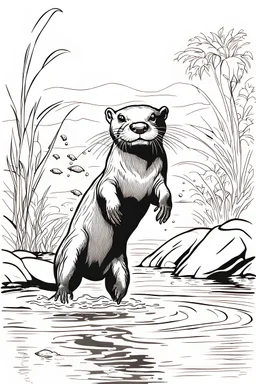 realistic sketch for coloring page with a giant otter (Pteronura brasiliensis) splashing in the water, with jumping fish and lush river banks in the background. white background, sketch style, pure line art, no shadows, clear and well outlined, only the outer line