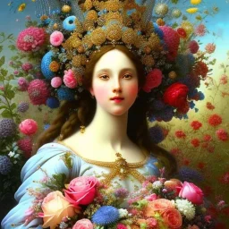 a close up of a statue of a woman surrounded by flowers, digital art, inspired by james christensen, rococo, photography alexey gurylev, crown of blue flowers, clothes made out of flower, agostino arrivabene, jean-sebastien rossbach, portrait of virgin mary, dressed in ornate, shaxi