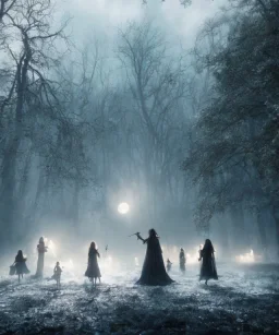 photographic quality, night, mystical, moon light, 5 beautiful young witches, pagan, goth, monolith, fires, woods, dark, misty, moody, dancing, ultra detail,