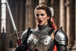 portait of a menacing bride in revealing bloody heavy armour, she holds a wedding rapier, she sticks out her tongue, shows her fangs and gives the finger [scene in a cathedral]