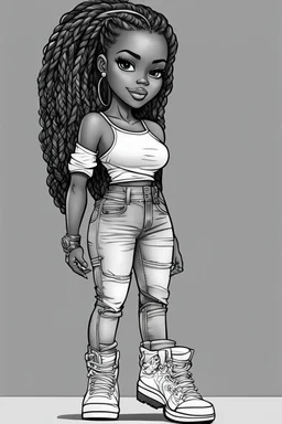 Create a black and white coloring page of a cartoon of a curvy African American chibi female wearing tight jeans and a off the shoulder blouse. She is also wearing timberland boots.. Highly detailed very long extremely braids of hair. Her skin is smooth and silky. Background of a track of ATV riders. No coloring, no shading, no grayscale,