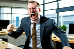 corporate man in office i screaming at employees. Swedish looks. Sign with the text "ICA" in red letters in the background. No tie.