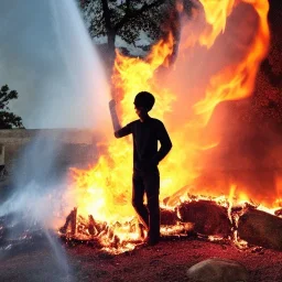 young man stand up controlling the fire, magic