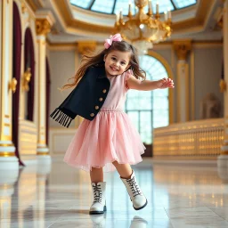 a 2 years old girl in modern clothing and makeup dancing with cute and joy with pertty boots in a modern royal hall