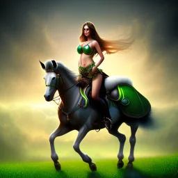 fullbody portrait of beautiful busty with big green eyes woman riding a horse by Rafael 8k